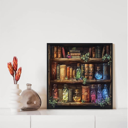 Fantasy bookshelf with antique books and glowing potion bottles, framed art print.