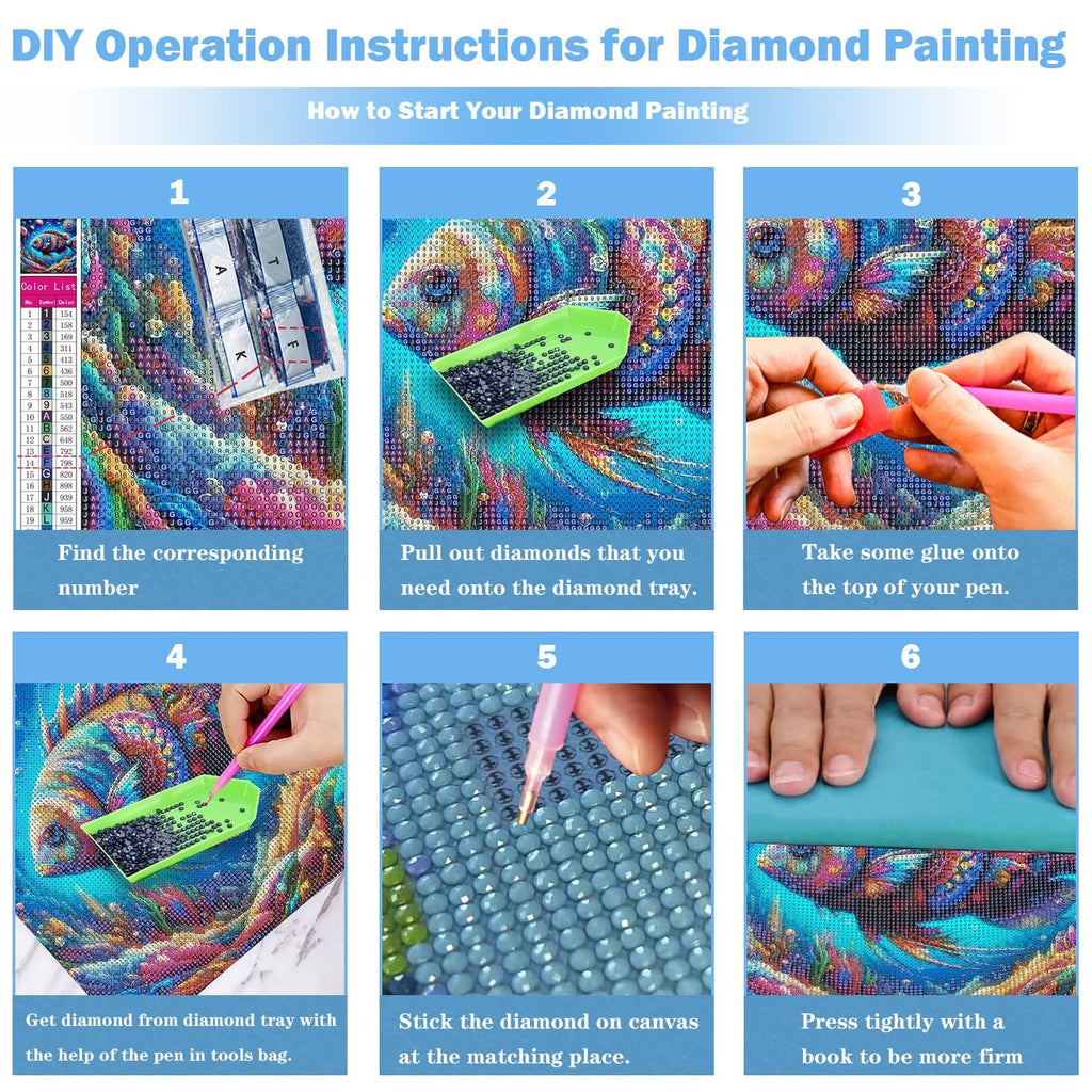 Diamond painting instructions showing 6 steps: color list, pulling diamonds onto tray, applying glue to pen, picking up diamonds, sticking diamonds, and pressing with a book.