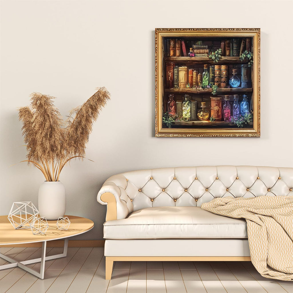Diamond art painting of a bookshelf with potion bottles and books, framed and hung above a sofa.