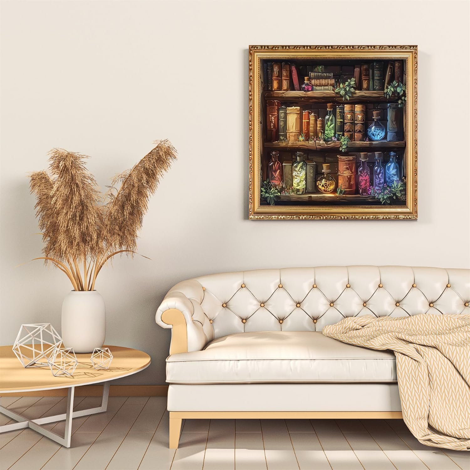 Diamond art painting of a bookshelf with potion bottles and books, framed and hung above a sofa.
