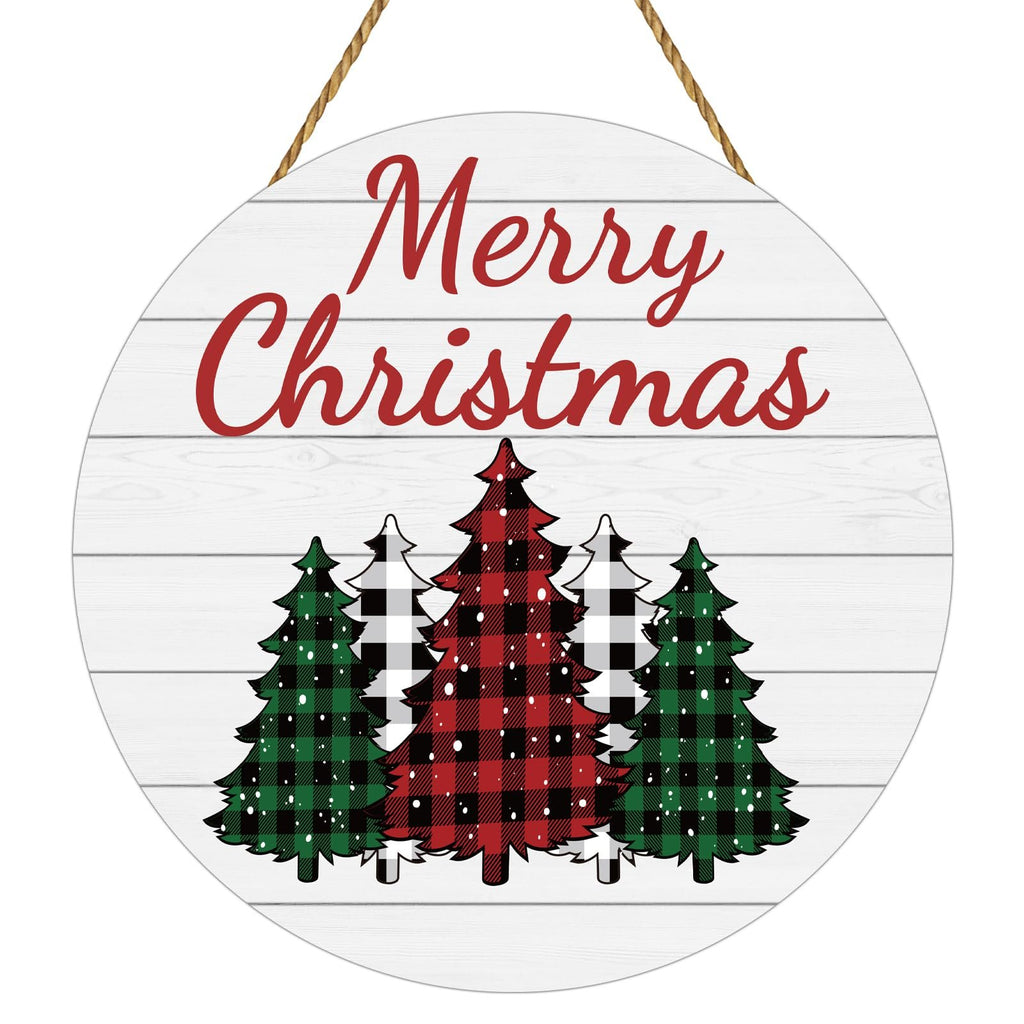 Round wooden Christmas sign with buffalo plaid trees and 'Merry Christmas' text