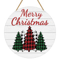 Round wooden Christmas sign with buffalo plaid trees and 'Merry Christmas' text