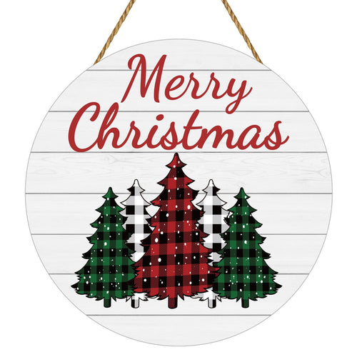 Round wooden Christmas sign with buffalo plaid trees and 'Merry Christmas' text