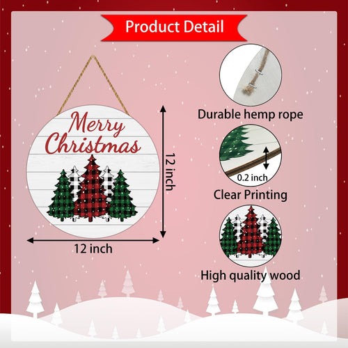Round buffalo plaid Christmas tree sign with Merry Christmas text, showing dimensions and product details.