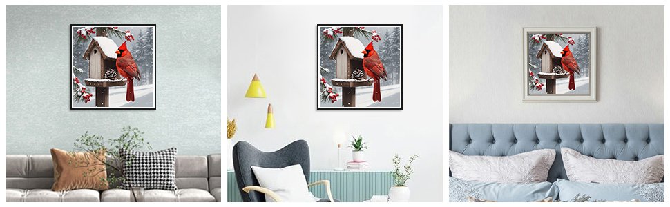 Diamond painting kit featuring a cardinal on a snow-covered birdhouse, displayed in three different home settings.
