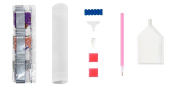 Diamond painting kit contents including diamond bags, canvas tube, tools, and tray on white background.