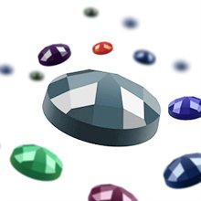 Close-up of a large, faceted blue diamond painting gem surrounded by smaller, out-of-focus gems in various colors on a white background.