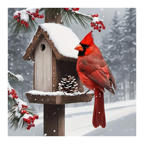 A cardinal perches on a snow-covered birdhouse in a winter forest setting with pine branches and berries.