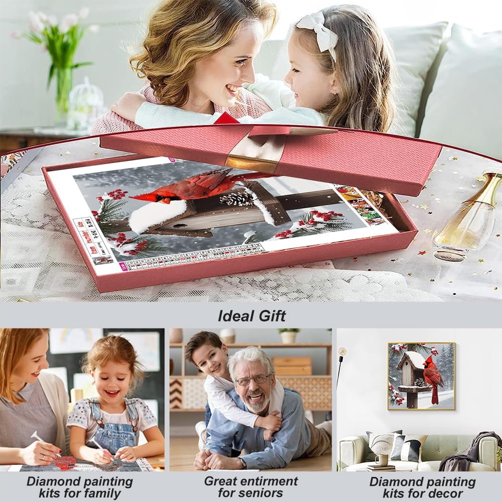 Mother and daughter opening a diamond painting kit featuring a cardinal on a bird feeder in the snow.