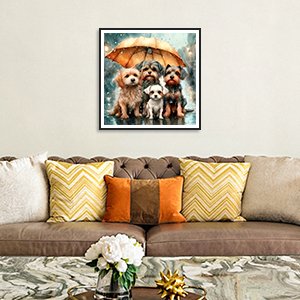 Framed 12x12 inch dog diamond painting kit artwork hanging on a wall above a sofa