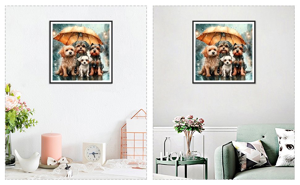 Diamond painting kit featuring four dogs sitting under an umbrella in the rain, displayed on a wall.