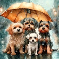 Four dogs huddle under an orange umbrella during a rain shower, with streetlights visible in the background.