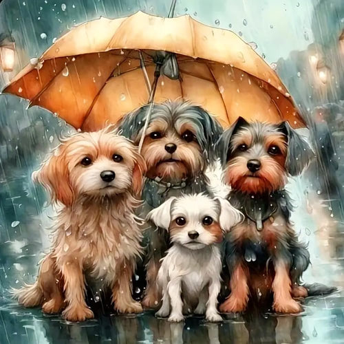 Four dogs huddle under an orange umbrella during a rain shower, with streetlights visible in the background.