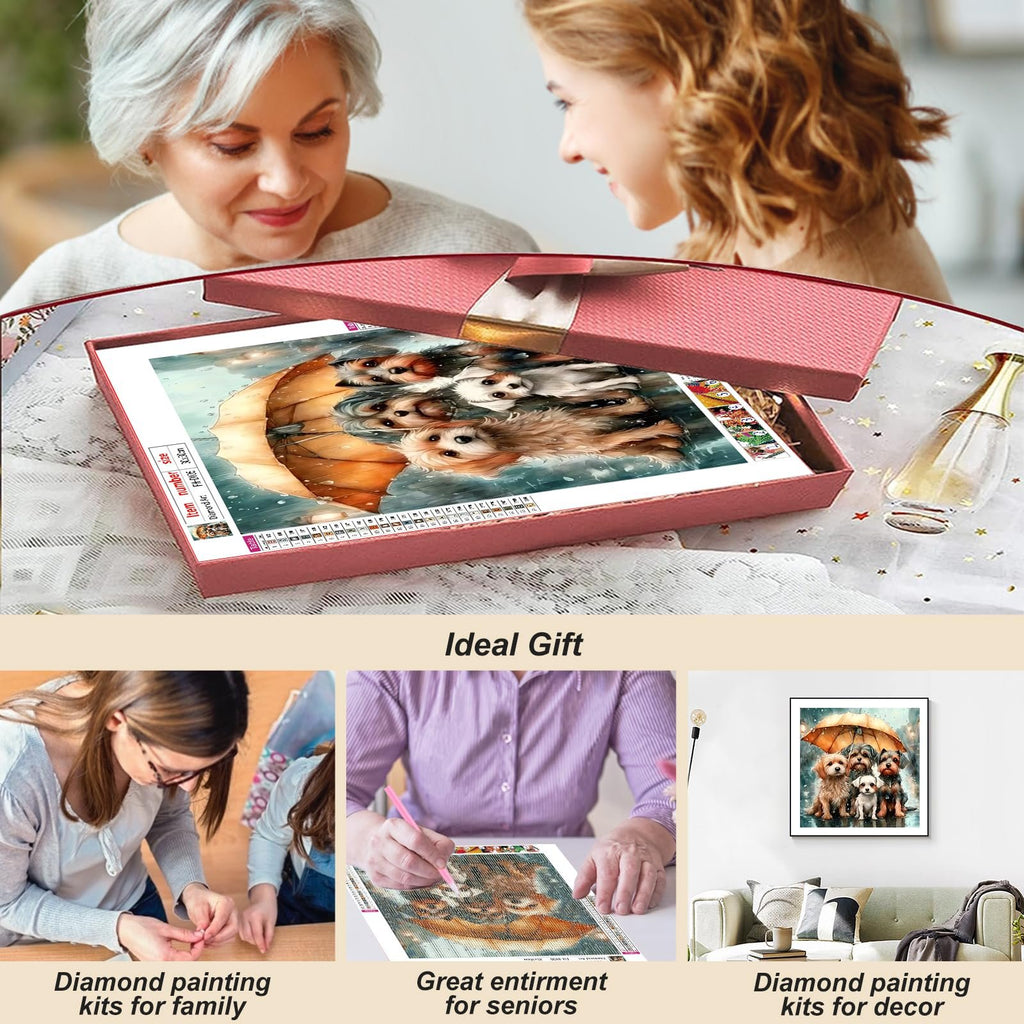 Two women opening a dog diamond painting kit, with lifestyle images below.