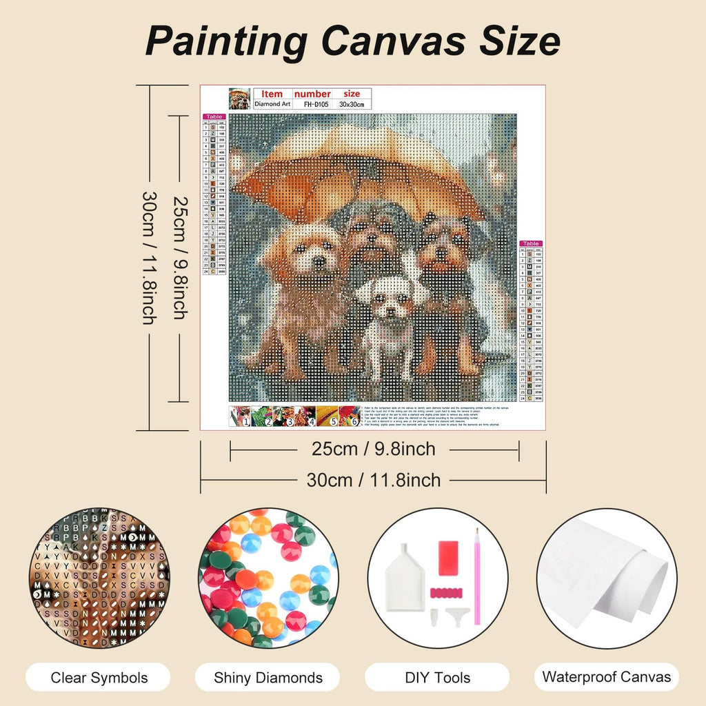 Diamond painting kit showing four dogs under an umbrella, with a legend of symbols and colors, and a diagram of kit contents.