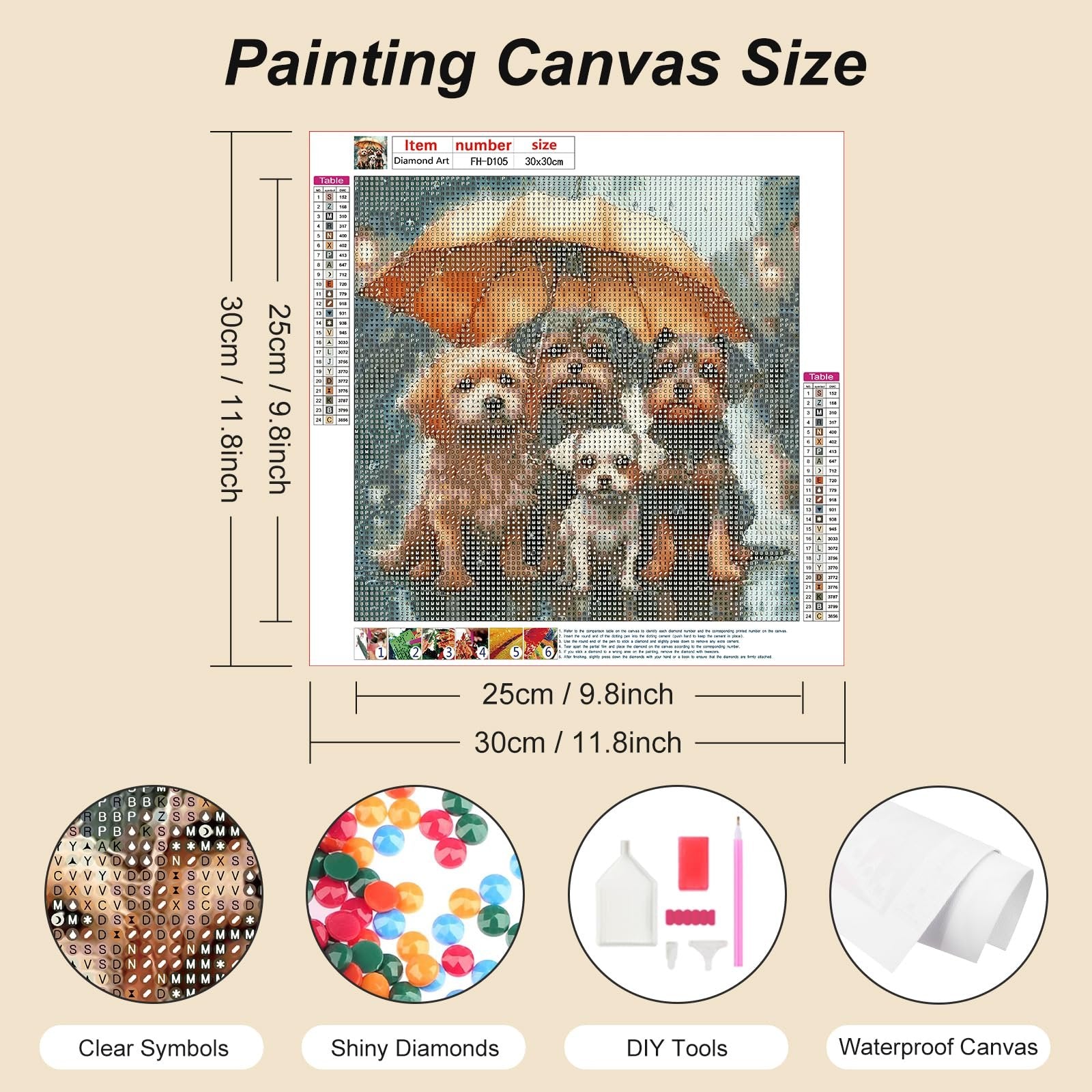 Diamond painting kit showing four dogs under an umbrella, with a legend of symbols and colors, and a diagram of kit contents.