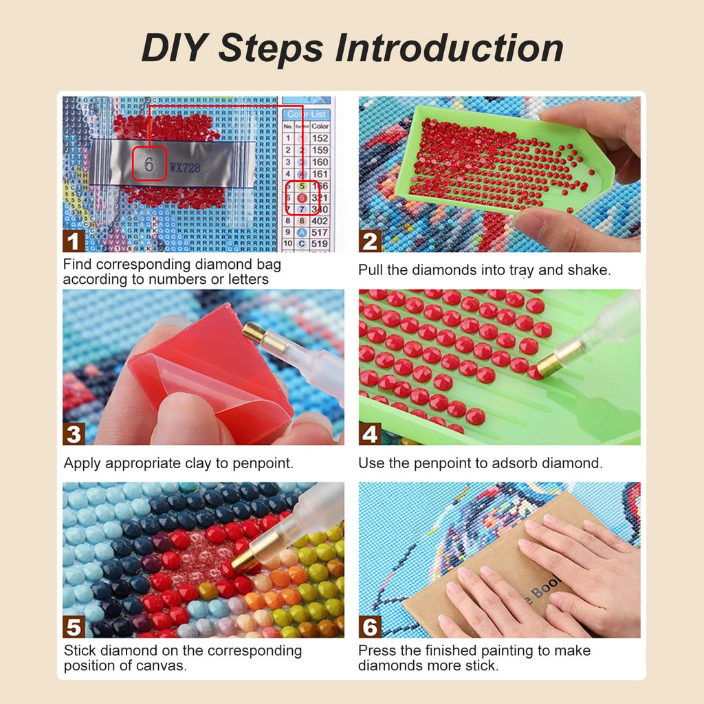 Diamond painting kit instructions showing 6 steps: finding diamond bags, shaking diamonds into tray, applying clay to pen, adsorbing diamond, sticking diamond, and pressing finished painting.