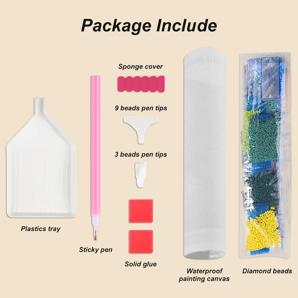 Dog diamond painting kit contents laid out: tray, pen, tips, glue, canvas, and beads.
