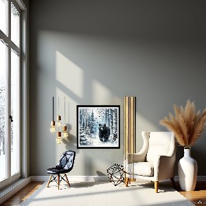 Diamond painting of a bear walking through a snowy forest, framed and hanging on a wall in a living room setting.