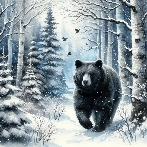 Black bear walking through a snowy forest with bare trees and pine trees, birds flying overhead.