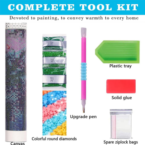 Diamond painting kit contents including canvas, colorful round diamonds, upgrade pen, plastic tray, solid glue, and spare ziplock bags.