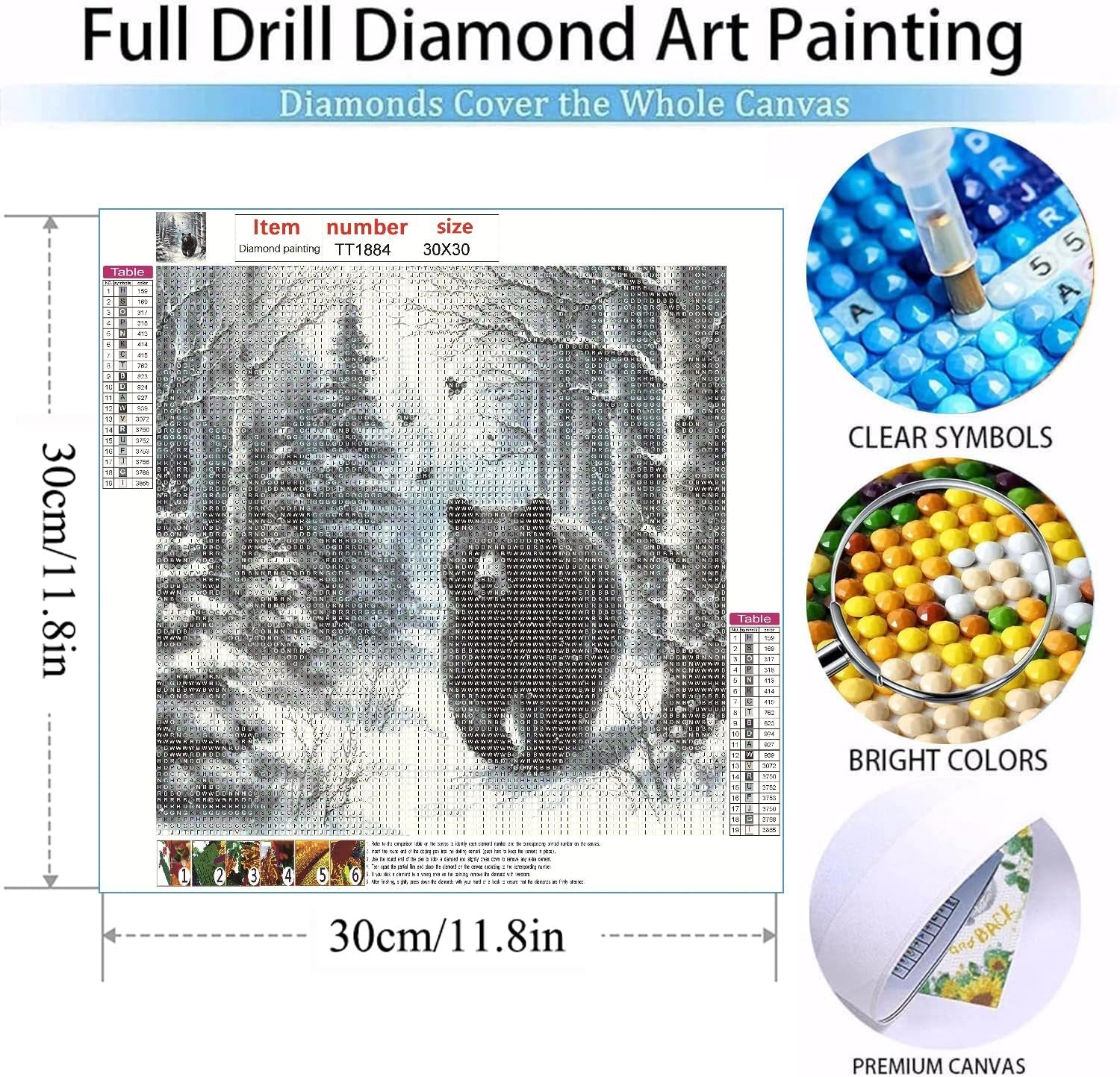 5D diamond painting kit showing a winter forest bear scene with color and symbol key, and close-ups of diamonds and canvas.