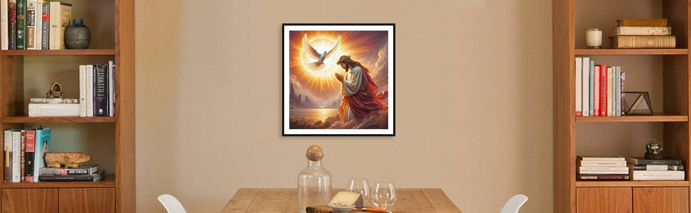 Jesus praying with a dove flying above, depicted in a framed diamond painting on a wall.