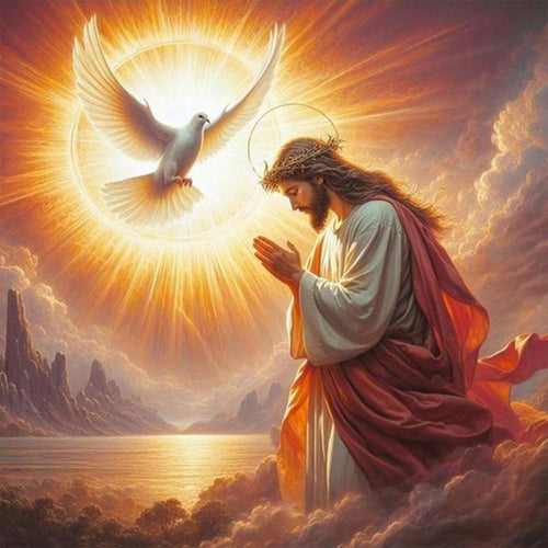 Jesus with hands clasped in prayer, bathed in divine light with a dove flying above, against a backdrop of clouds and a serene body of water.