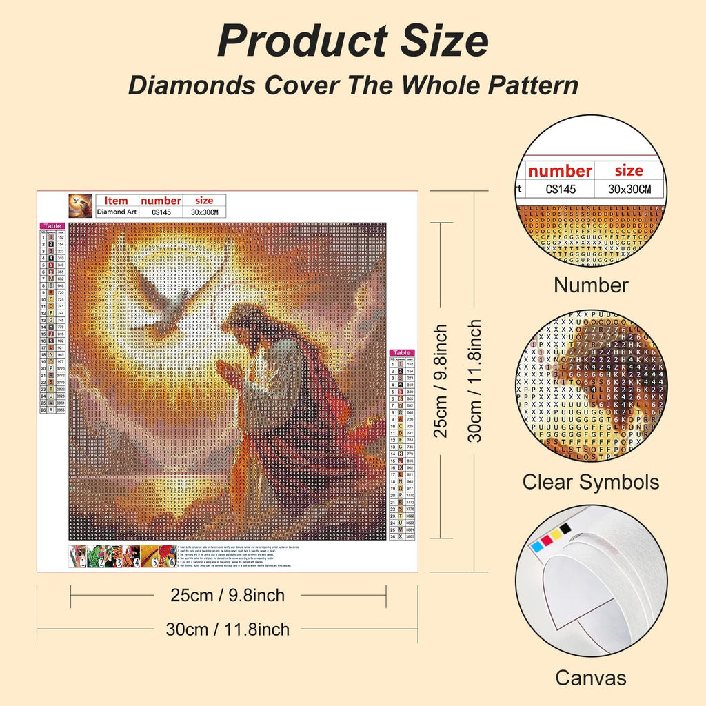 Jesus diamond painting kit showing a table of symbols and colors, with dimensions indicated.
