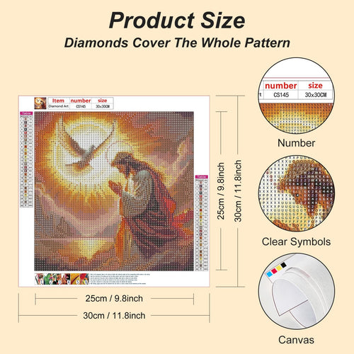 Jesus diamond painting kit showing a table of symbols and colors, with dimensions indicated.