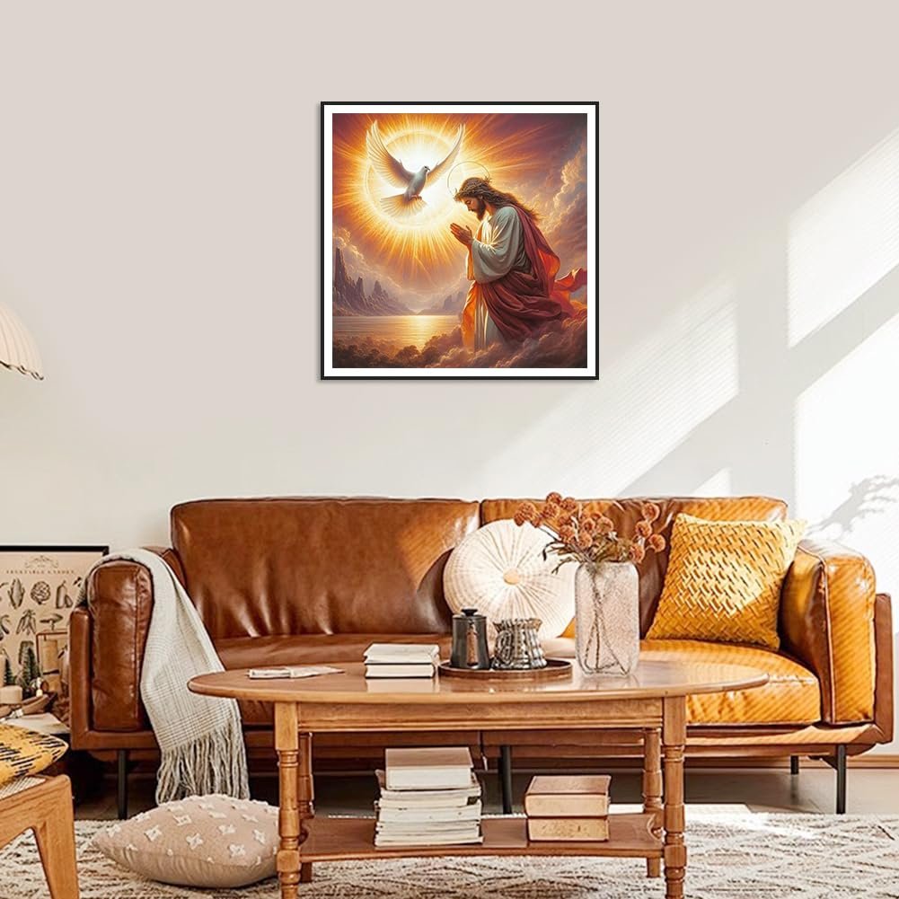 Diamond painting of Jesus praying with a dove flying above, displayed on a wall above a leather sofa.