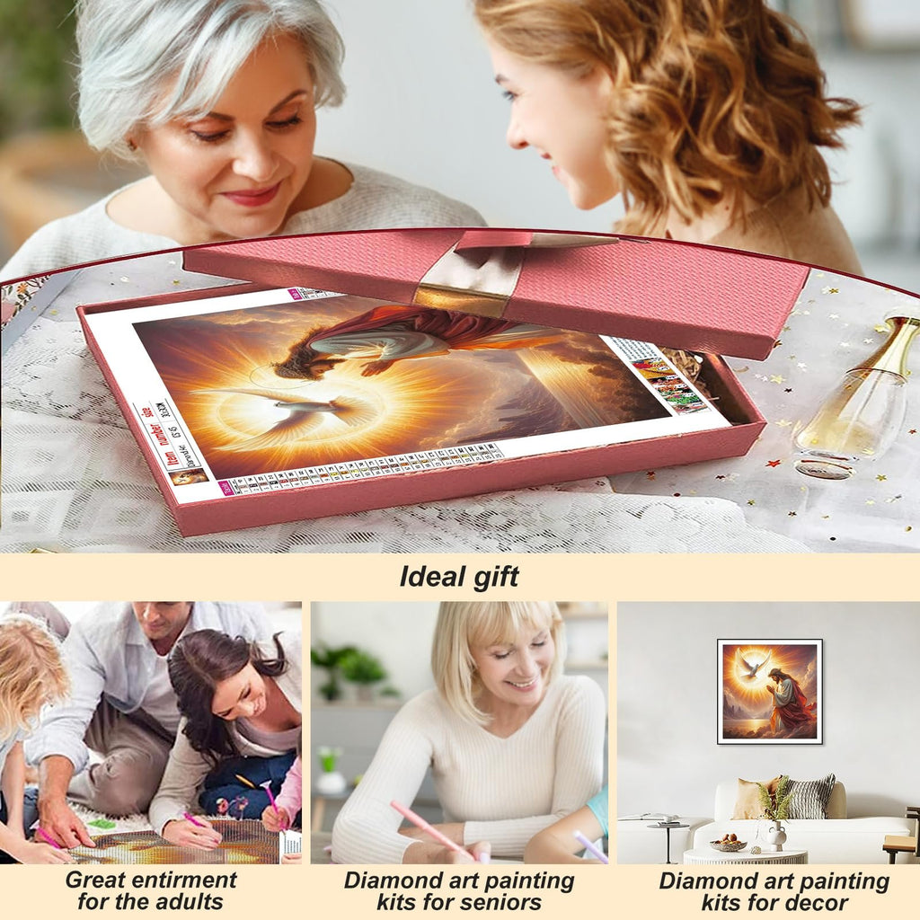 Diamond painting kit featuring Jesus and a dove, presented in a gift box by two women.