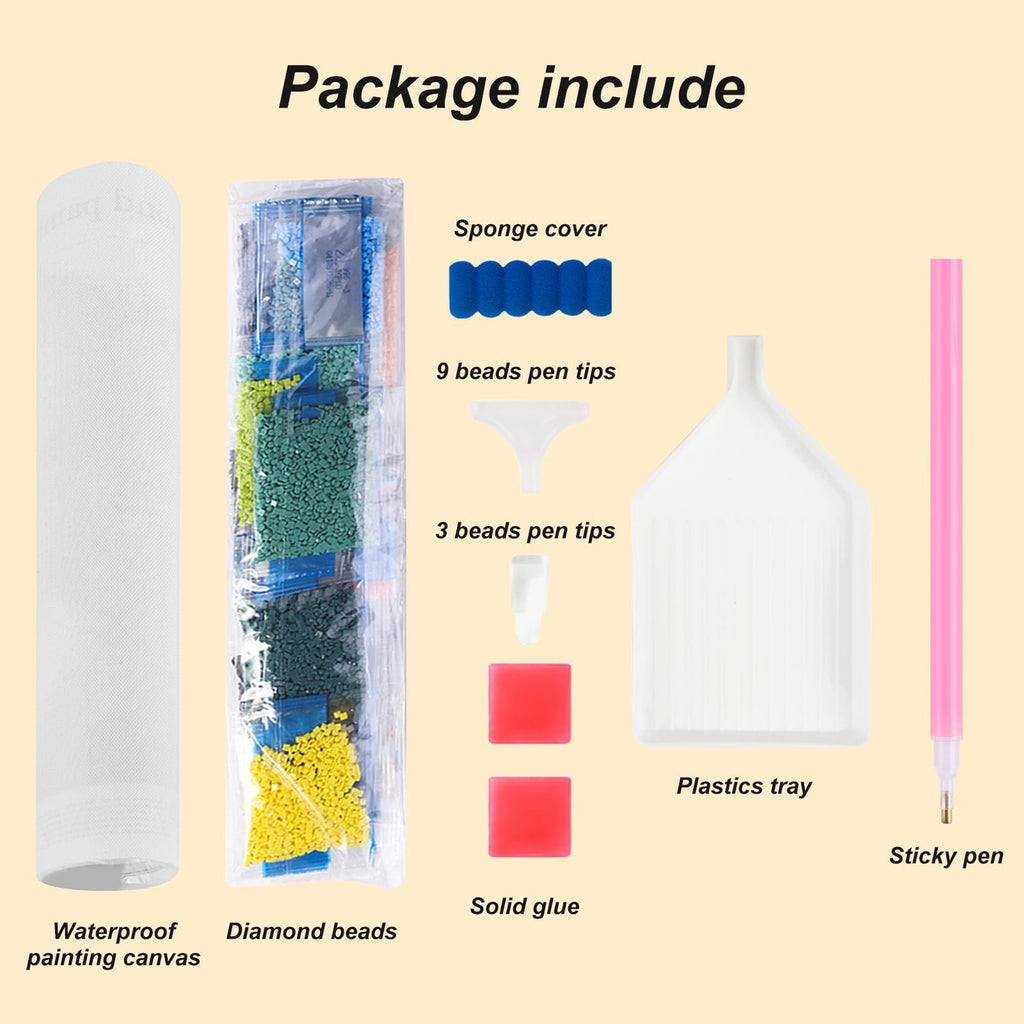 Diamond painting kit contents laid out, showing waterproof canvas, diamond beads, sponge cover, pen tips, solid glue, plastic tray, and sticky pen.