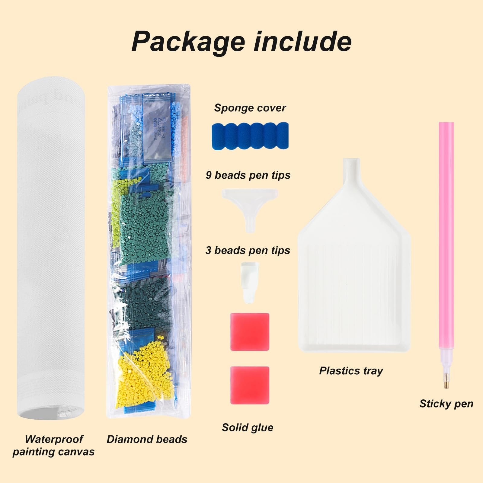 Diamond painting kit contents laid out, showing waterproof canvas, diamond beads, sponge cover, pen tips, solid glue, plastic tray, and sticky pen.