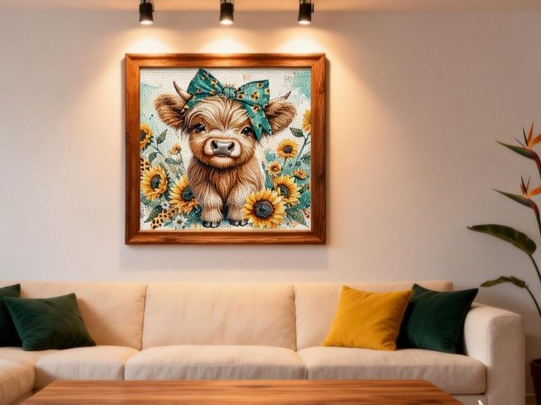 Framed 5D diamond painting of a fluffy highland cow with a teal bow and sunflowers, hanging on a wall above a sofa.