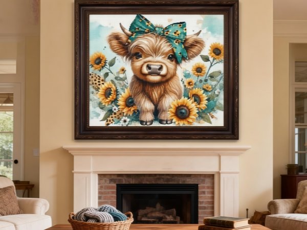 Framed 5D diamond painting of a cute highland cow with sunflowers, displayed above a fireplace.