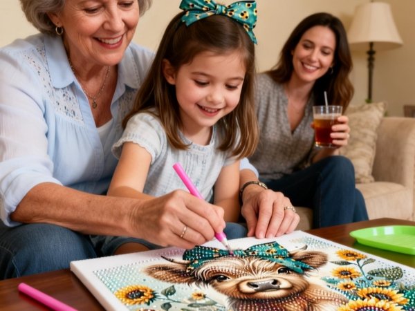 Grandmother, mother, and daughter doing a diamond painting kit of a highland cow with sunflowers.