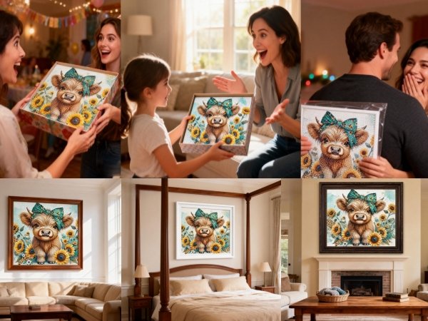 Collage of people receiving and displaying a highland cow diamond painting kit and finished artwork.