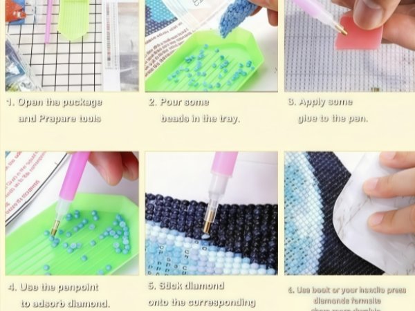 Diamond painting kit instructions showing six steps: opening package, pouring beads, applying glue, picking up beads, sticking diamonds, and pressing diamonds.