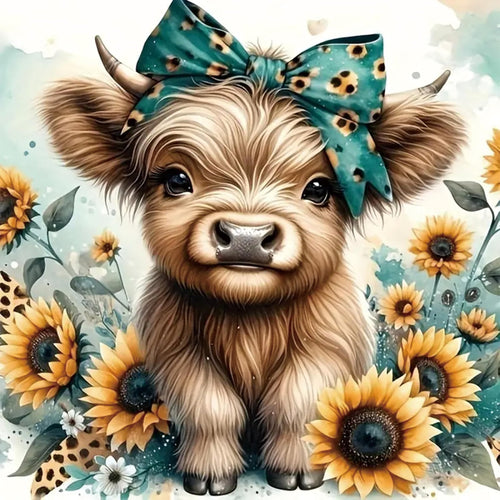Cute highland cow with sunflowers and a teal leopard print bow, diamond painting kit design