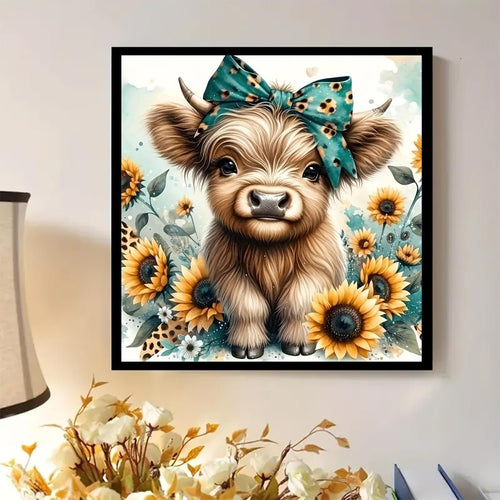 Framed 5D diamond painting of a fluffy highland cow wearing a teal bow, surrounded by sunflowers and greenery.