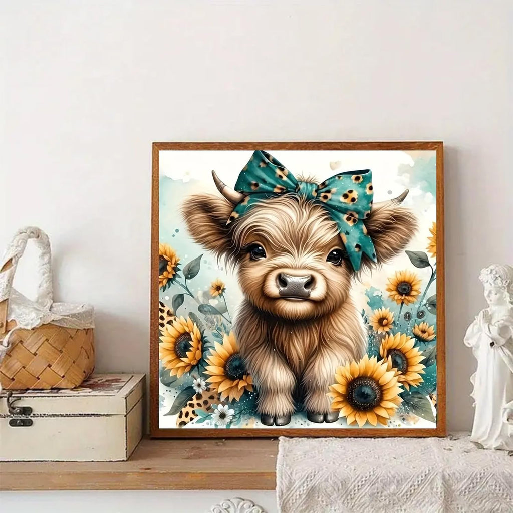 Fluffy highland cow with teal bow in sunflowers, framed diamond painting kit