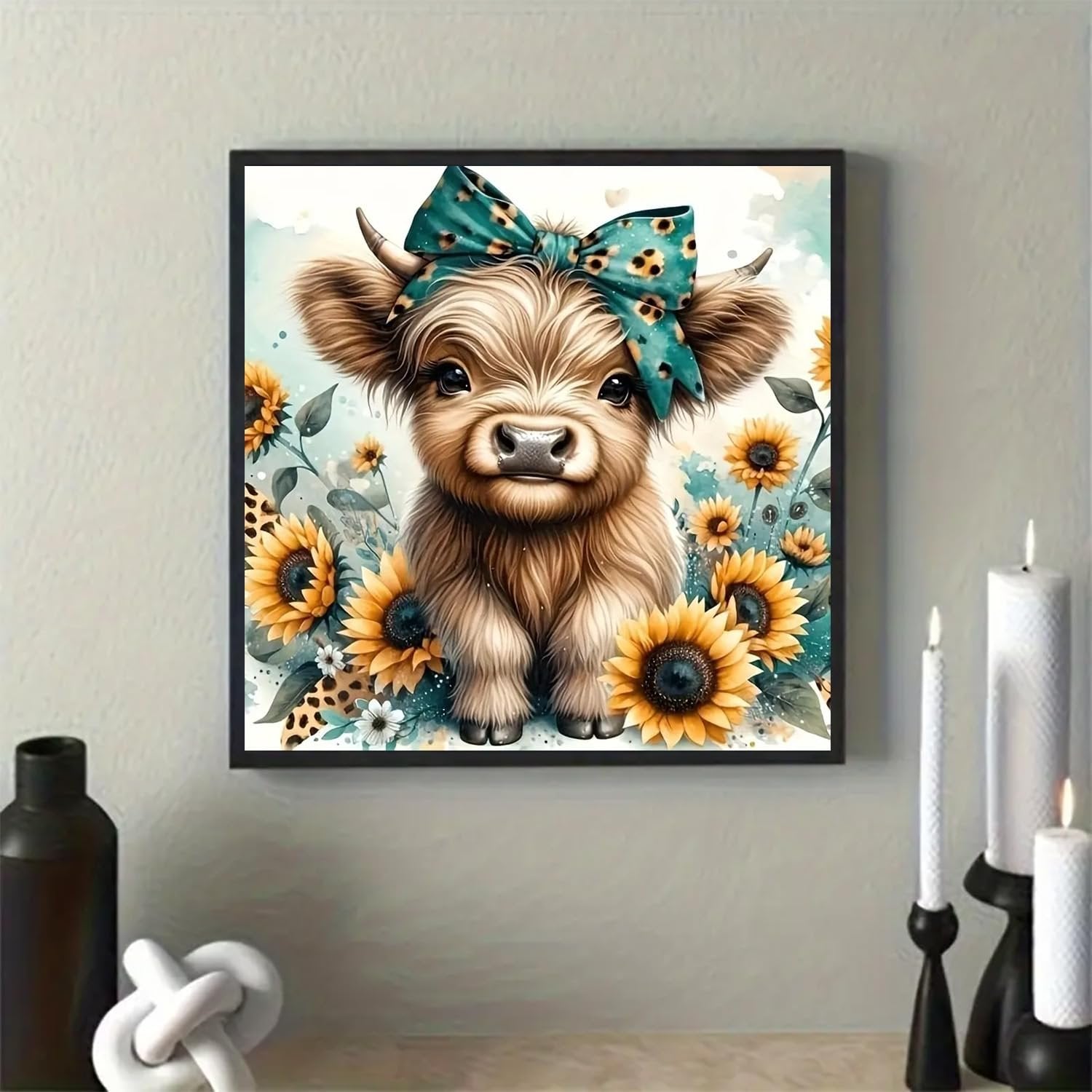 Framed 5D diamond painting kit featuring a cute highland cow with a teal bow and sunflowers.