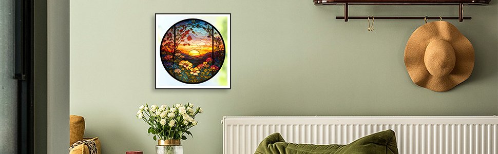 Framed 5D diamond painting of a sunflower landscape at sunset, displayed on a wall above a radiator.