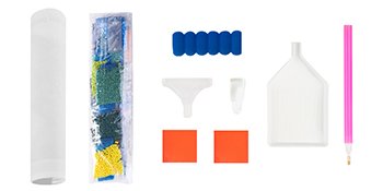 Diamond painting kit contents including a clear tube, bag of beads, blue grips, orange squares, white tray, and pink applicator tool.