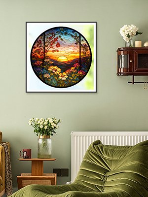 Framed circular stained glass art of a sunset over a floral landscape, displayed on a wall.