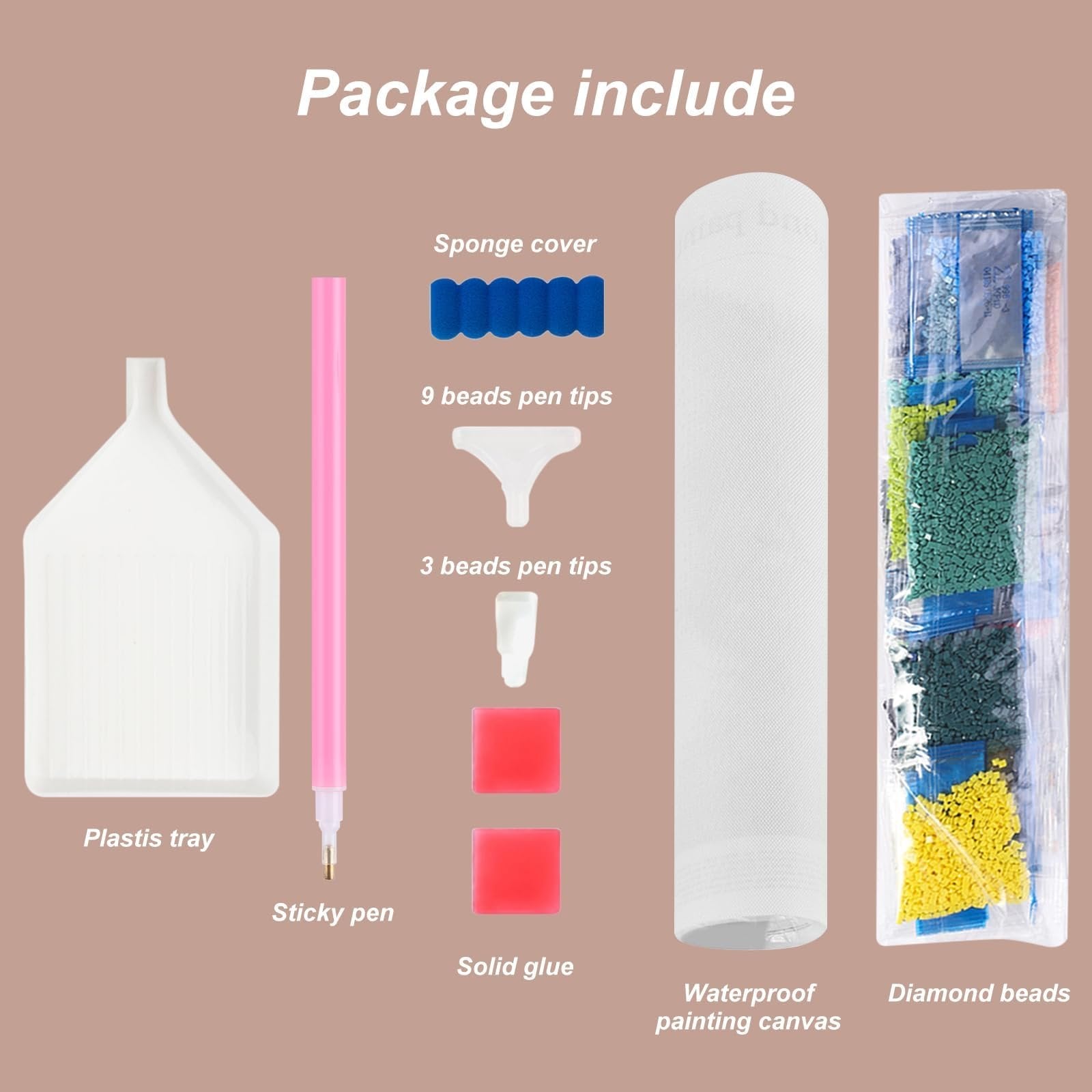 Diamond painting kit contents laid out: plastic tray, pink sticky pen, blue sponge cover, pen tips, solid glue, white canvas, and bagged diamond beads.