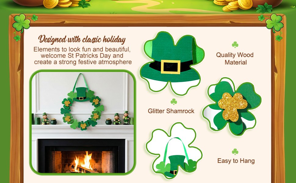 St. Patrick's Day wreath with shamrocks and a leprechaun hat hanging above a fireplace, with decorative shamrock elements shown close-up.