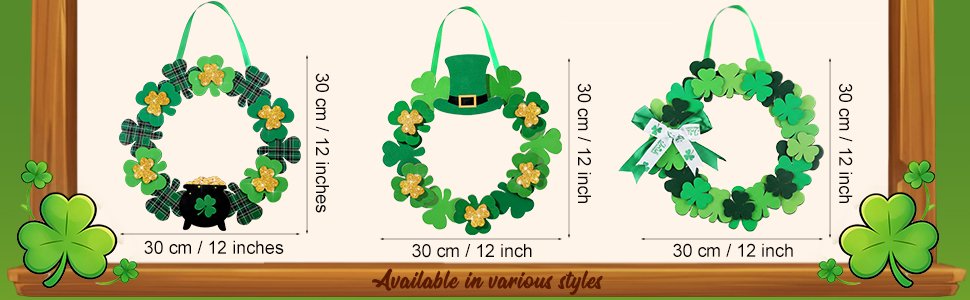 Three St. Patrick's Day wreaths decorated with shamrocks and festive elements, showing dimensions.