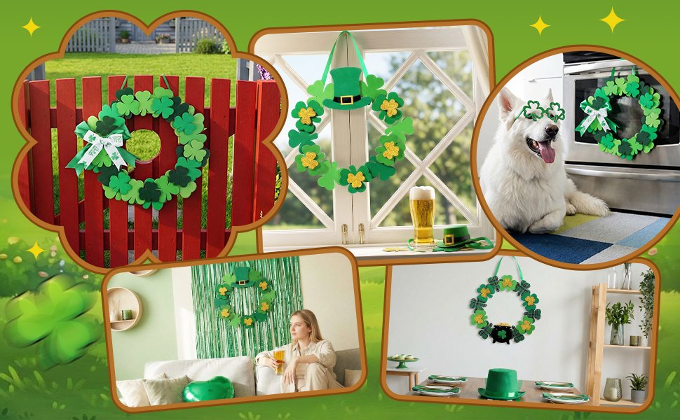 Collage of St. Patrick's Day decorations including shamrock wreaths, a dog wearing shamrock glasses, and a woman on a couch.